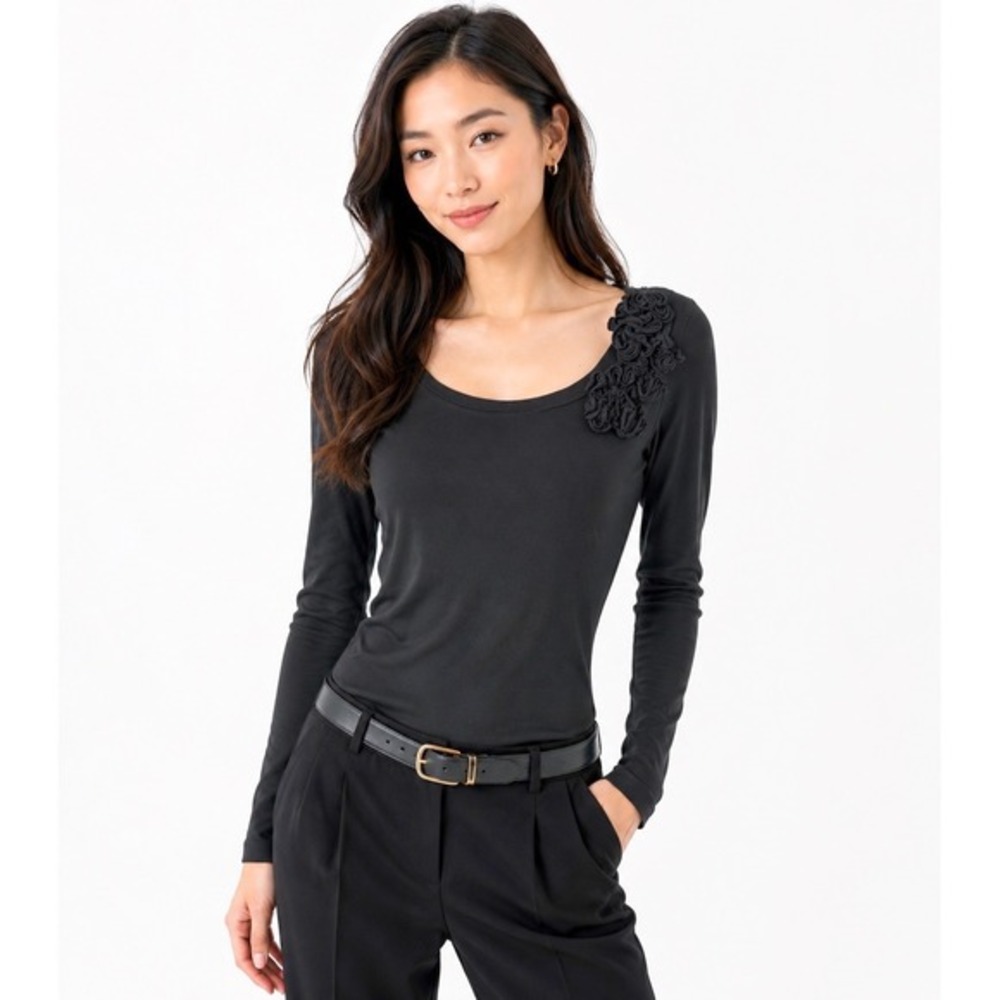LOFT‎ Black Cotton Rosette Scoop Neck Long Sleeve Top S Casual Chic Travel 55-33